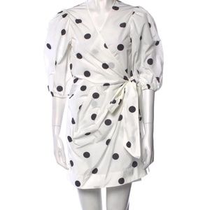 GANNI polka dot mini wrap dress black white puff sleeve M 6